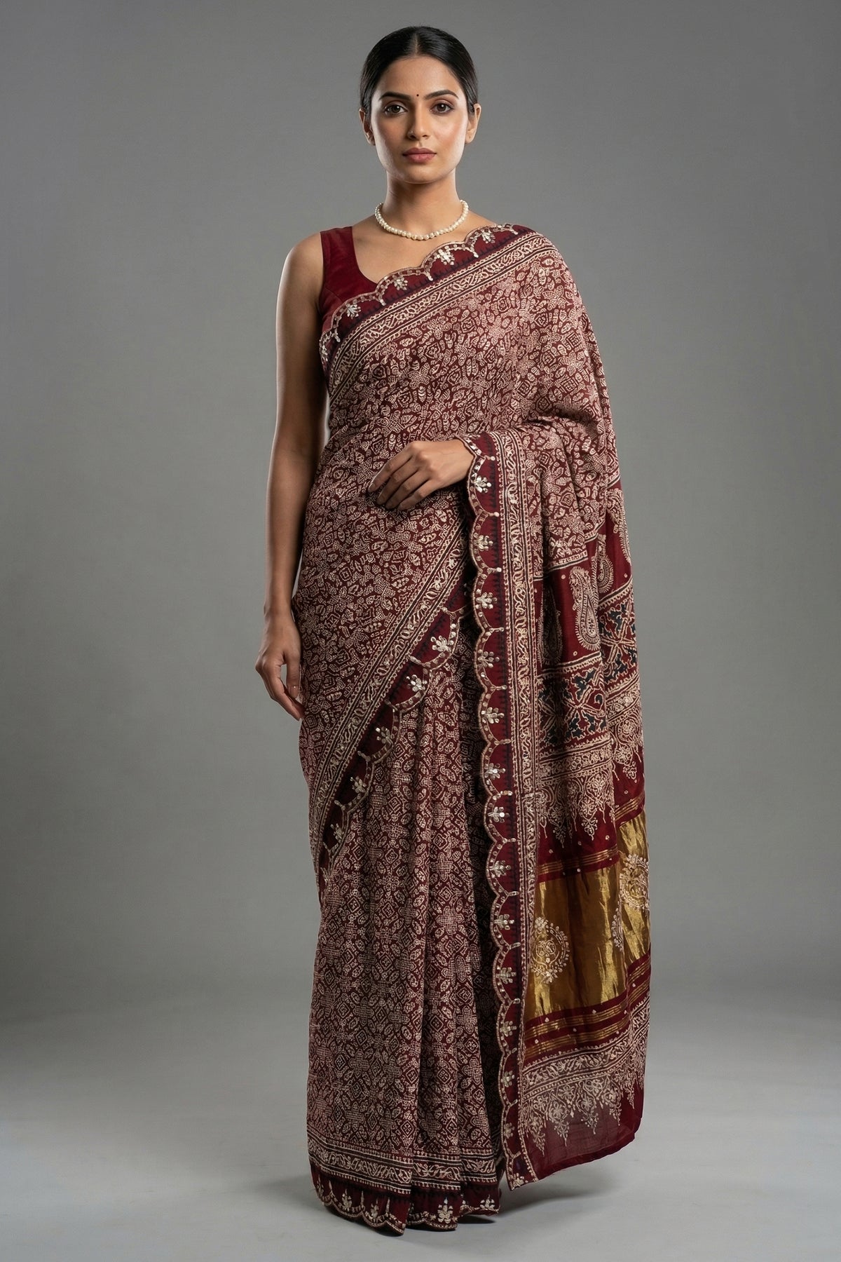 Maroon Modal Silk Ajrakh Printed Saree with Applique and Gota Work - maroon silk saree