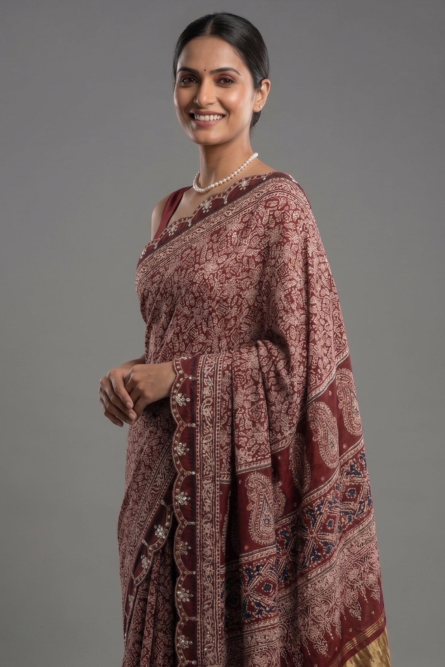 Maroon Modal Silk Ajrakh Printed Saree with Applique and Gota Work - maroon silk saree