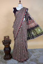 Dark Blue Modal Silk Ajrakh Printed Saree with Applique and Gota Work - blue silk saree