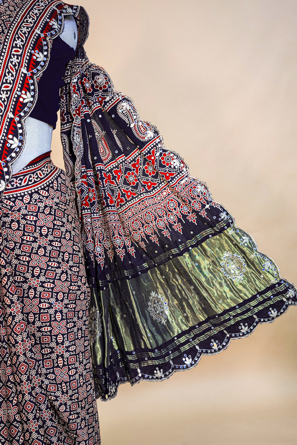 Dark Blue Modal Silk Ajrakh Printed Saree with Applique and Gota Work - blue silk saree