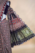 Dark Blue Modal Silk Ajrakh Printed Saree with Applique and Gota Work - blue silk saree