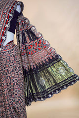 Dark Blue Modal Silk Ajrakh Printed Saree with Applique and Gota Work