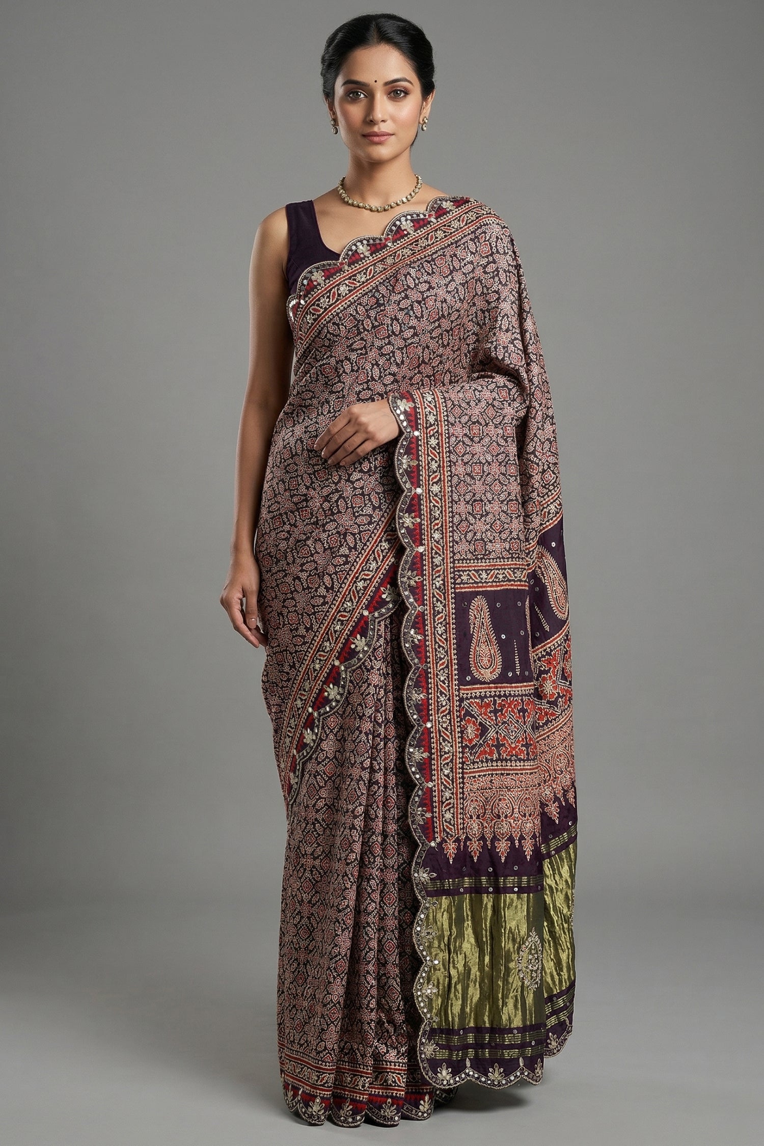Dark Blue Modal Silk Ajrakh Printed Saree with Applique and Gota Work - blue silk saree