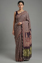 Dark Blue Modal Silk Ajrakh Printed Saree with Applique and Gota Work - blue silk saree
