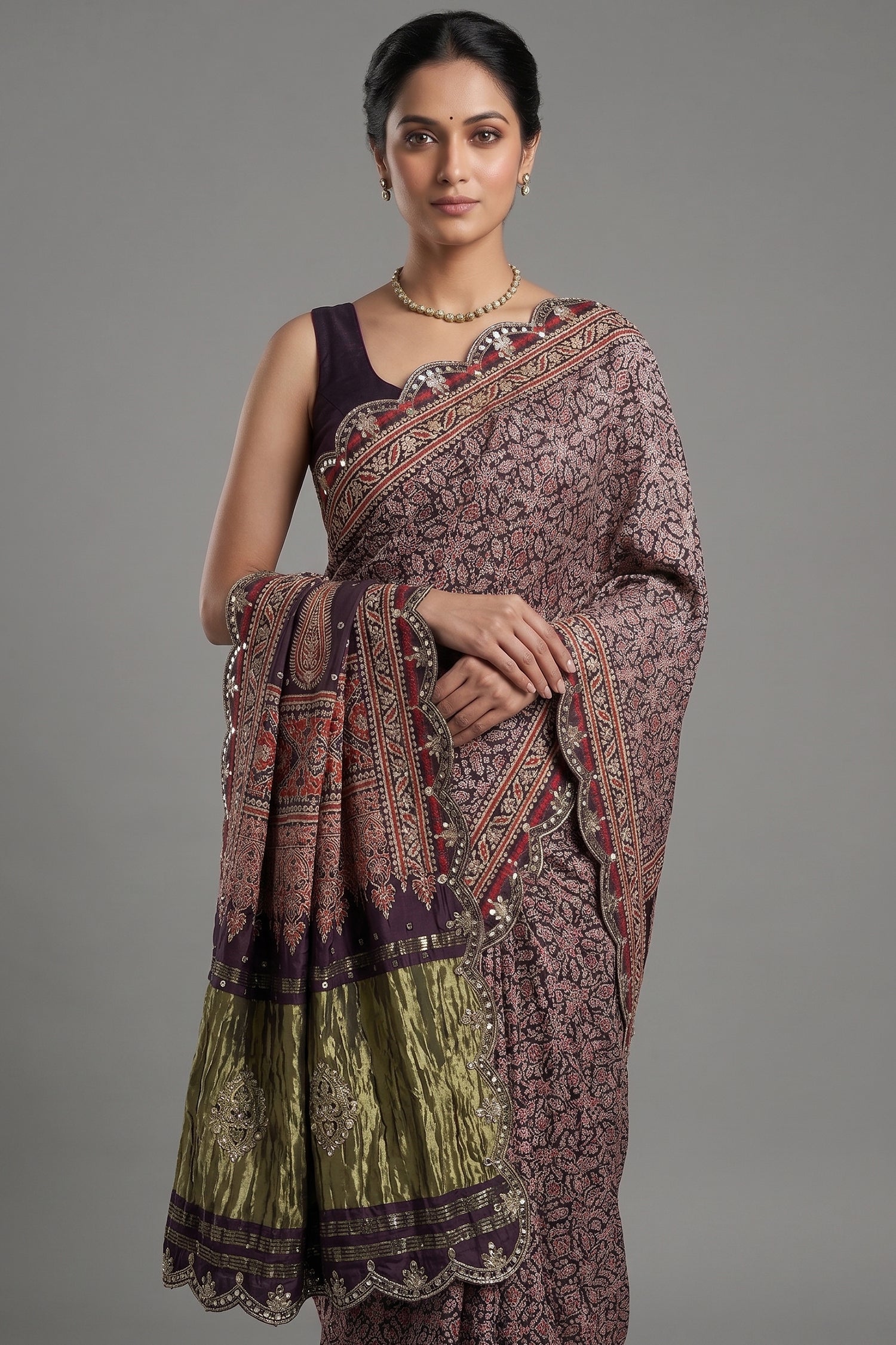 Dark Blue Modal Silk Ajrakh Printed Saree with Applique and Gota Work - blue silk saree