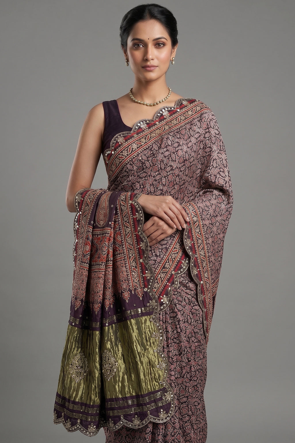 Dark Blue Modal Silk Ajrakh Printed Saree with Applique and Gota Work - blue silk saree