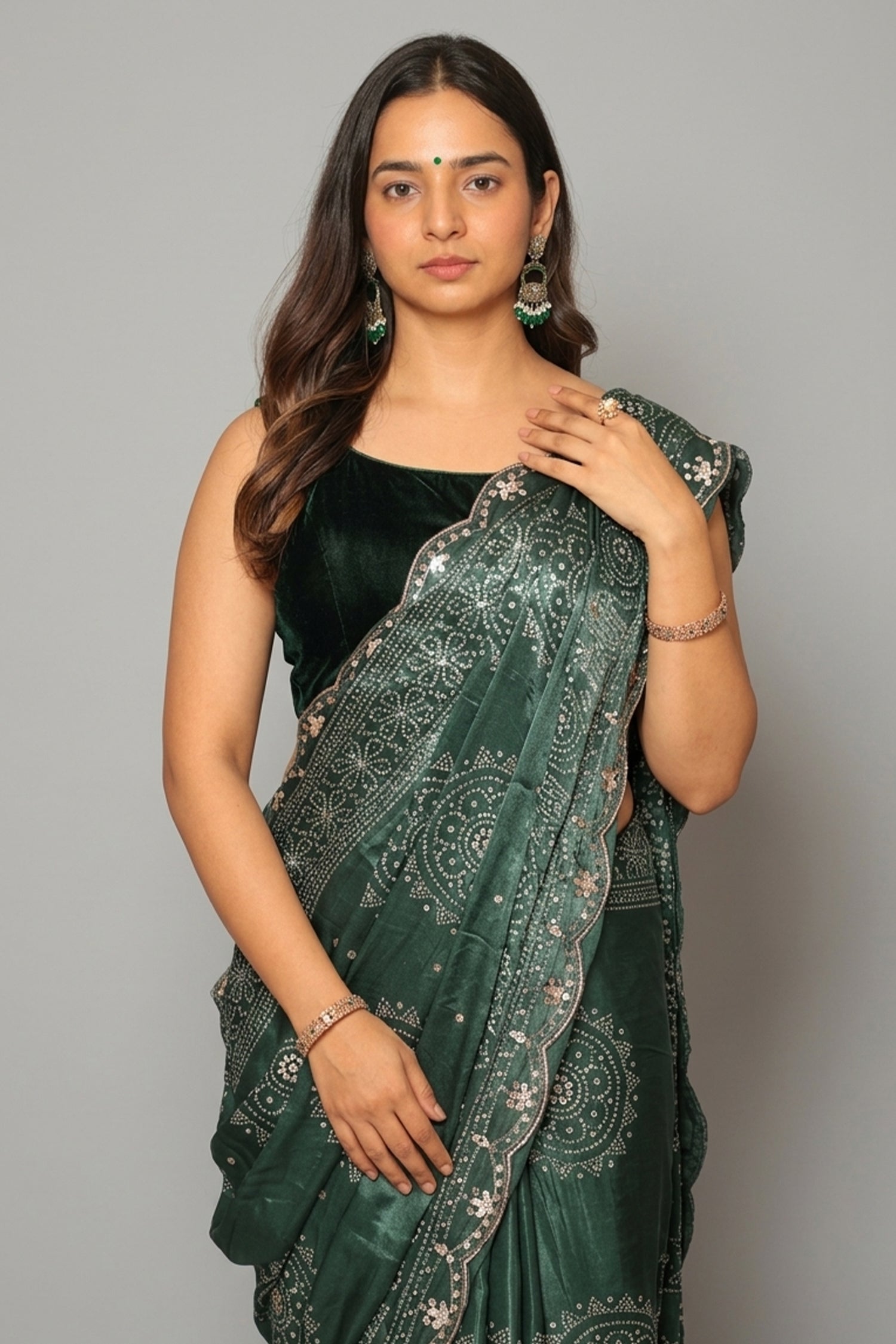 Green Modal Silk Ajrakh Printed Saree with Applique and Gota Work - green silk saree