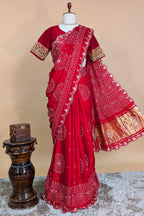 Red Modal Silk Ajrakh Printed Saree with Applique and Gota Work - red silk saree