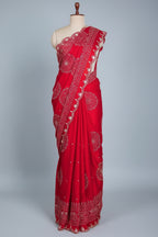 Red Modal Silk Ajrakh Printed Saree with Applique and Gota Work - red silk saree