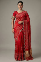 Red Modal Silk Ajrakh Printed Saree with Applique and Gota Work - red silk saree