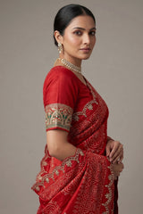 Red Modal Silk Ajrakh Printed Saree with Applique and Gota Work - red silk saree