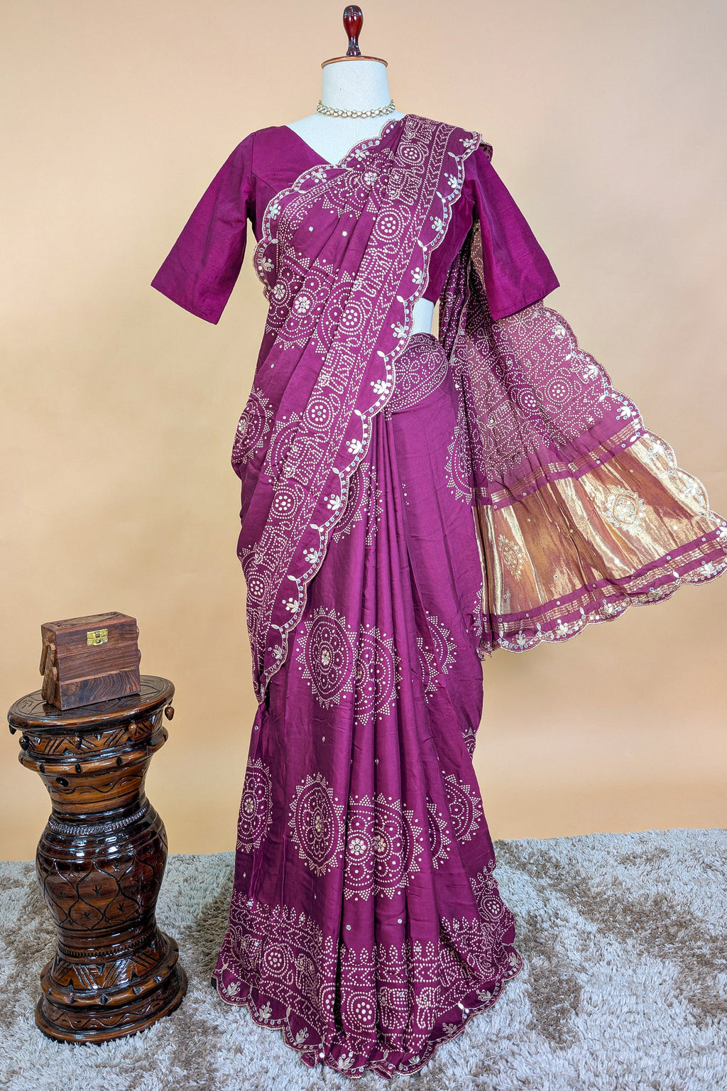 Mauve Modal Silk Ajrakh Printed Saree with Applique and Gota Work - silk saree