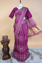 Mauve Modal Silk Ajrakh Printed Saree with Applique and Gota Work - silk saree