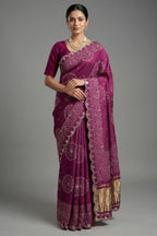 Mauve Modal Silk Ajrakh Printed Saree with Applique and Gota Work - silk saree