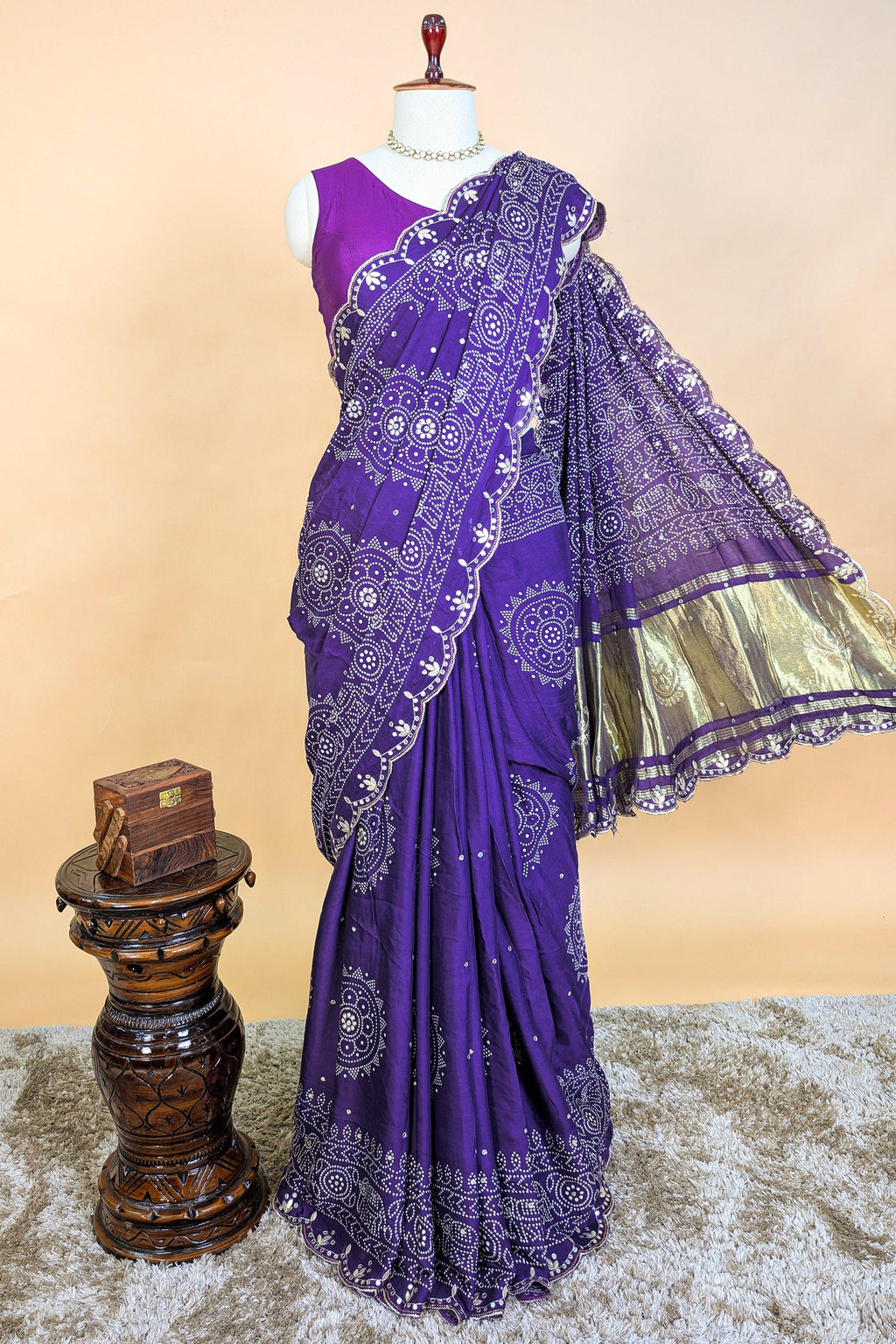 Purple Modal Silk Ajrakh Printed Saree with Applique and Gota Work - purple silk saree