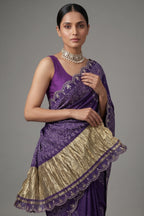 Purple Modal Silk Ajrakh Printed Saree with Applique and Gota Work - purple silk saree