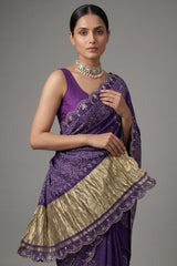 Purple Modal Silk Ajrakh Printed Saree with Applique and Gota Work - purple silk saree