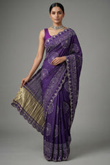 Purple Modal Silk Ajrakh Printed Saree with Applique and Gota Work - purple silk saree