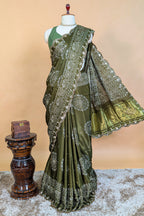 Olive Green Modal Silk Ajrakh Printed Saree with Applique and Gota Work - green silk saree