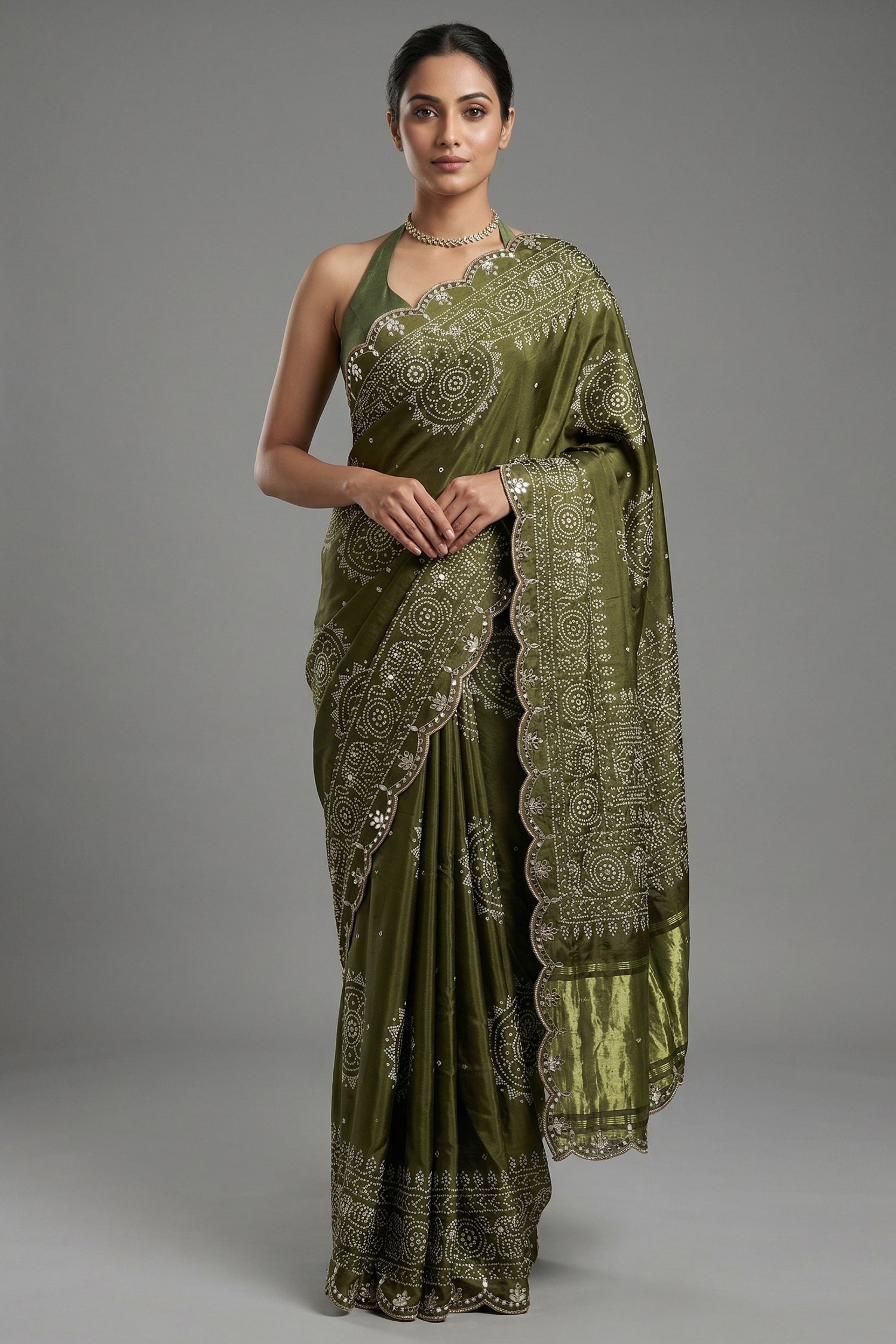 Olive Green Modal Silk Ajrakh Printed Saree with Applique and Gota Work - green silk saree