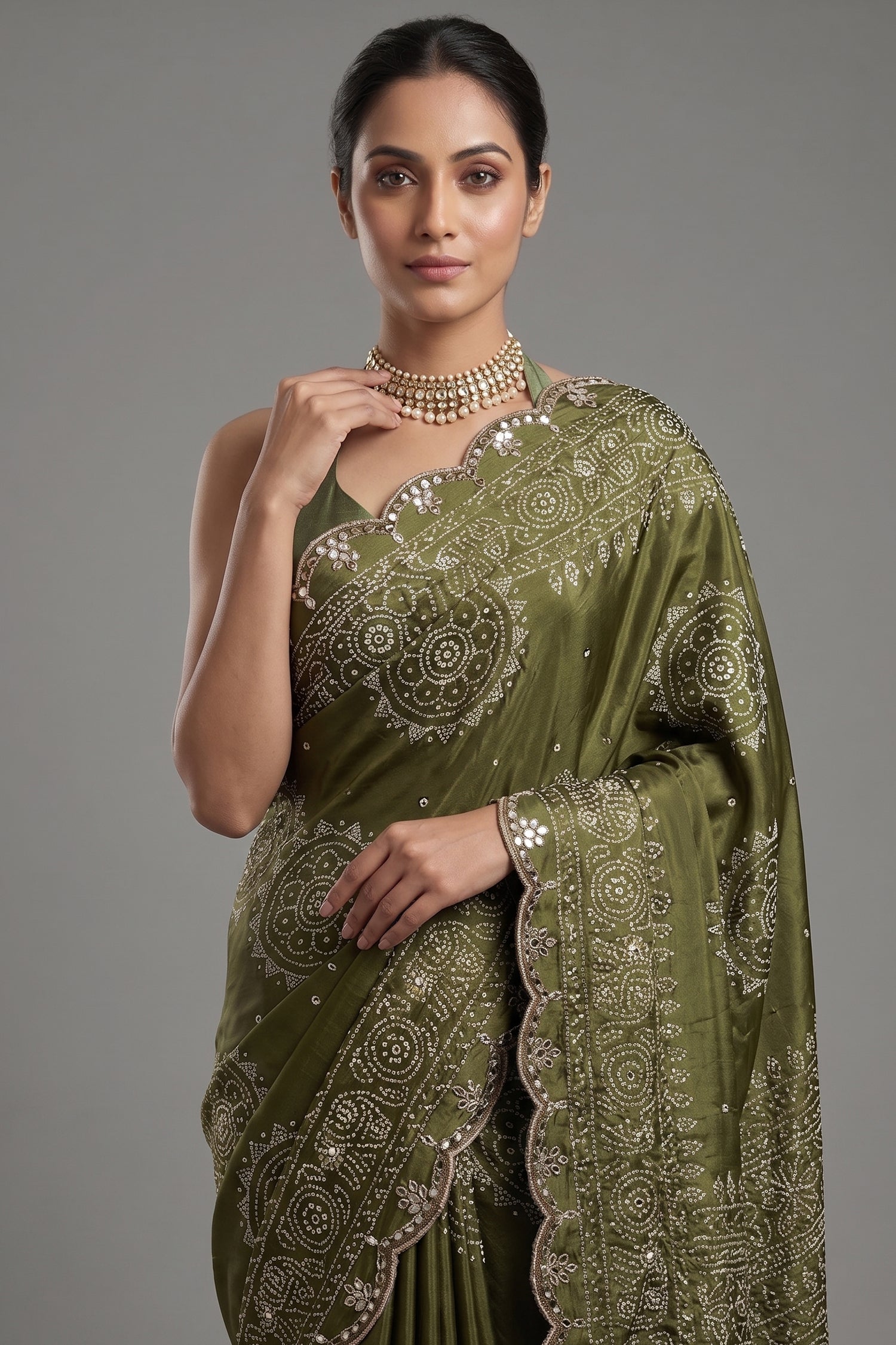 Olive Green Modal Silk Ajrakh Printed Saree with Applique and Gota Work - green silk saree