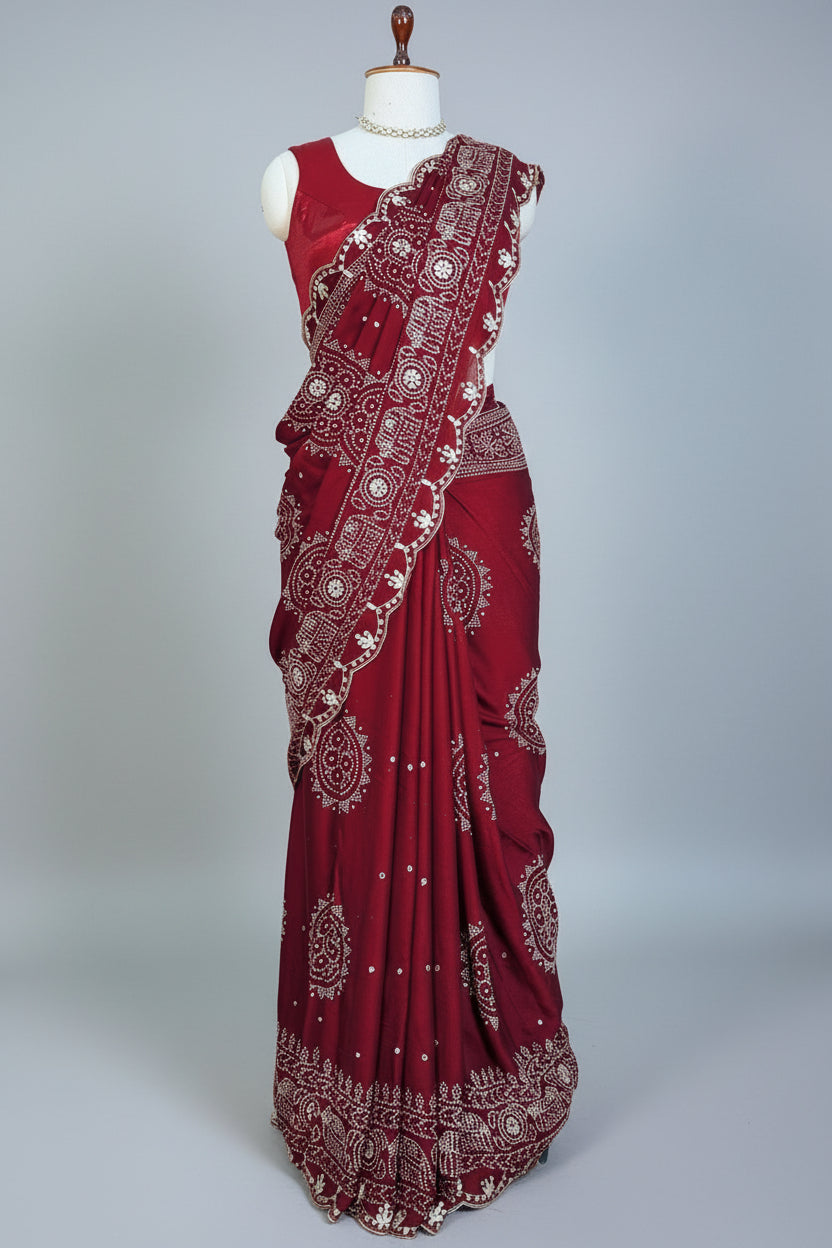 Maroon Modal Silk Ajrakh Printed Saree with Applique and Gota Work - maroon silk saree