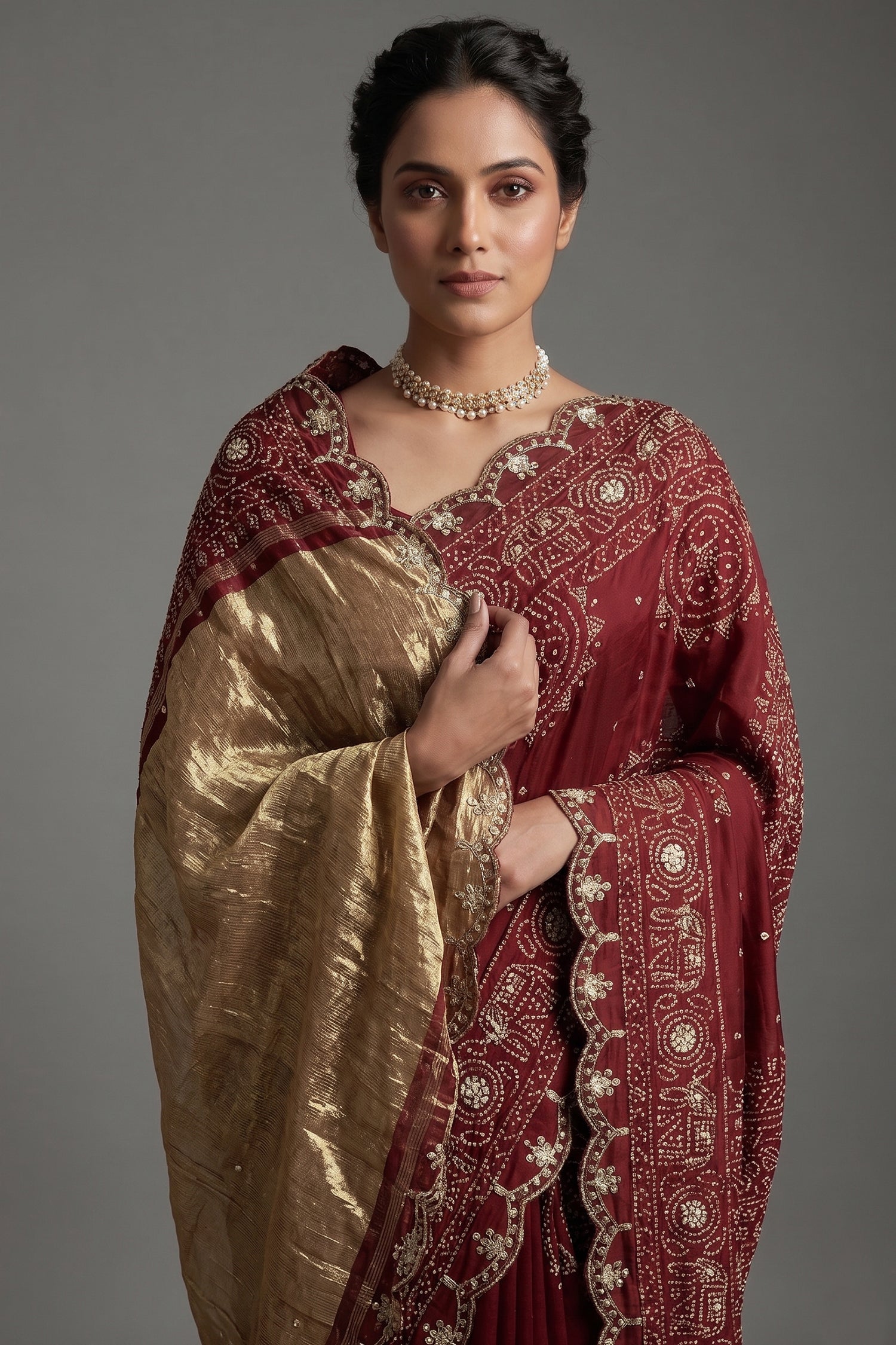 Maroon Modal Silk Ajrakh Printed Saree with Applique and Gota Work - maroon silk saree