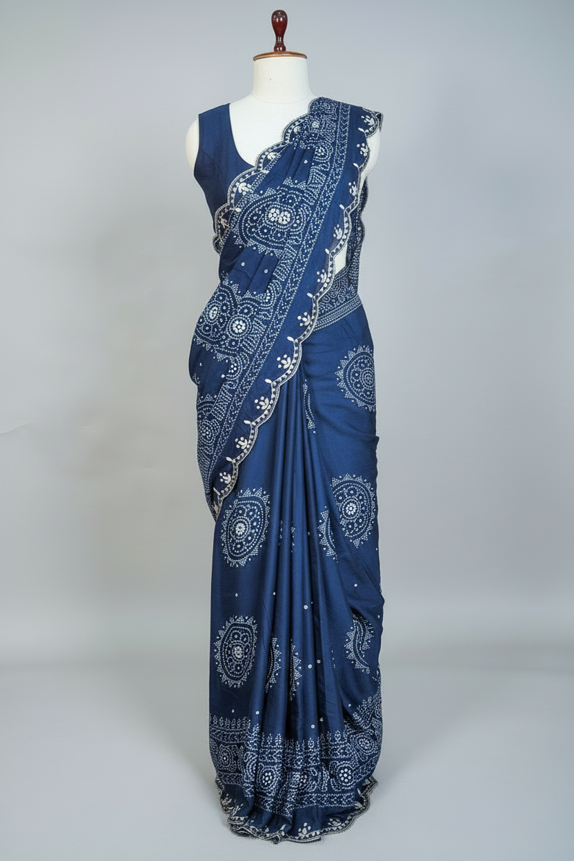 Blue Modal Silk Ajrakh Printed Saree with Applique and Gota Work - blue silk saree