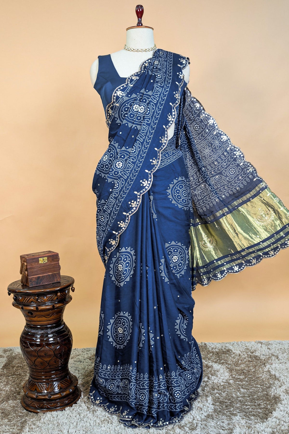 Blue Modal Silk Ajrakh Printed Saree with Applique and Gota Work