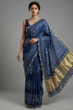 Blue Modal Silk Ajrakh Printed Saree with Applique and Gota Work - blue silk saree