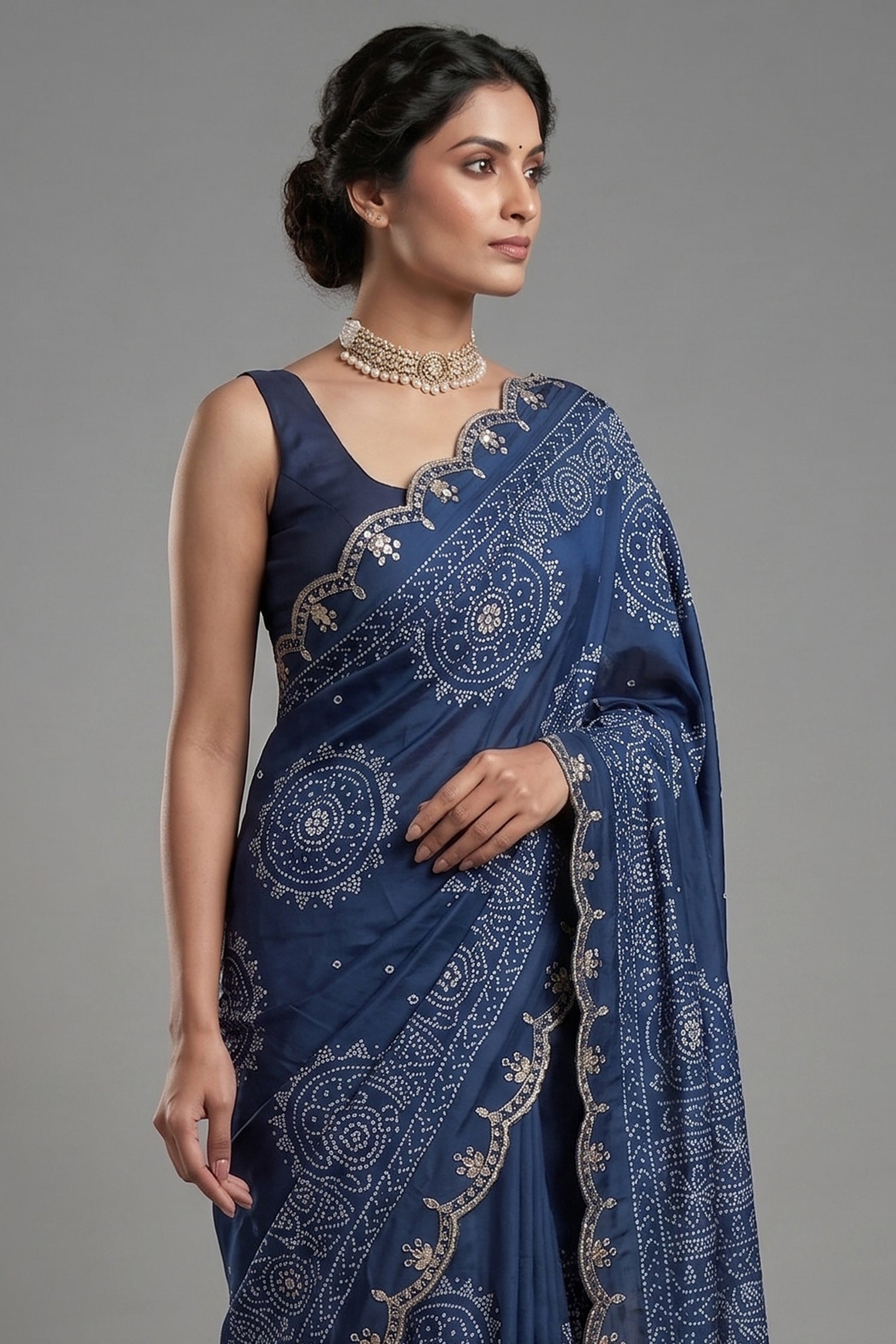 Blue Modal Silk Ajrakh Printed Saree with Applique and Gota Work - blue silk saree