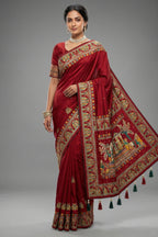 Maroon Gaji Silk Traditional Gharchola Saree with Tassles - maroon silk saree