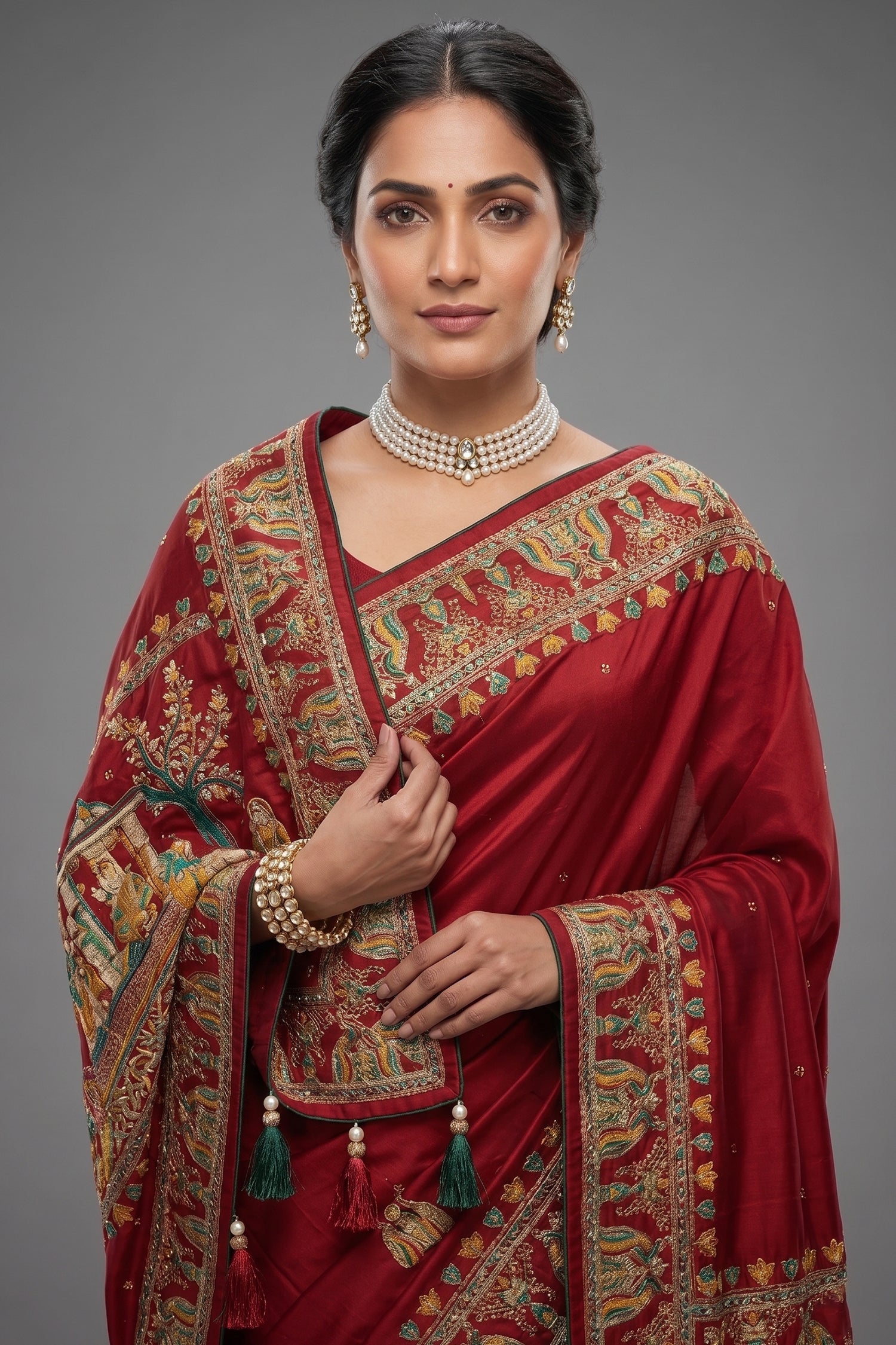Maroon Gaji Silk Traditional Gharchola Saree with Tassles Secondary image