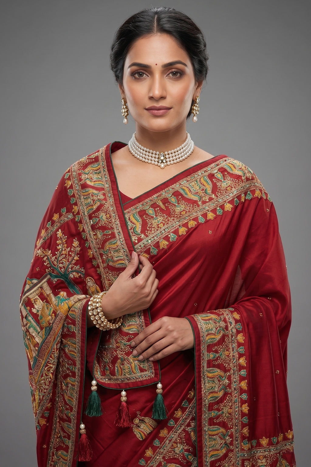 Maroon Gaji Silk Traditional Gharchola Saree with Tassles - maroon silk saree