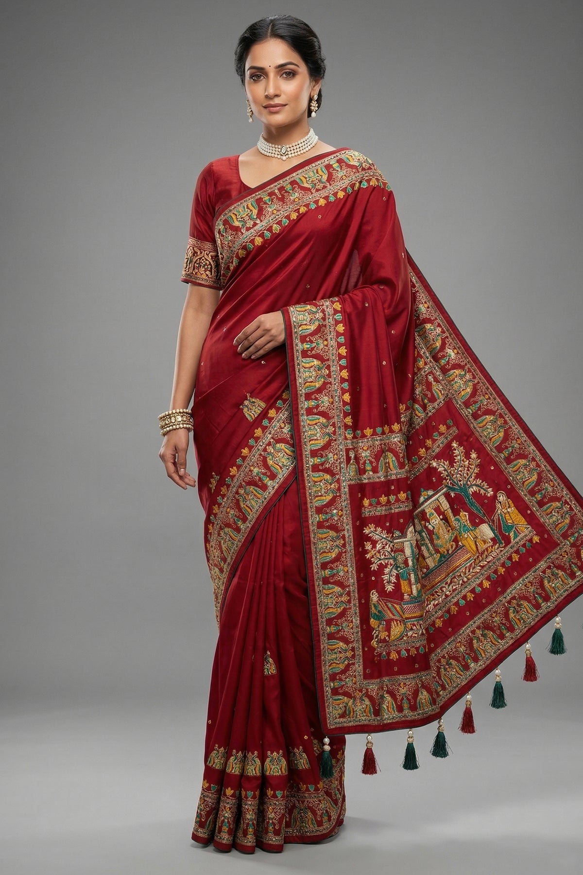 Maroon Gaji Silk Traditional Gharchola Saree with Tassles - maroon silk saree