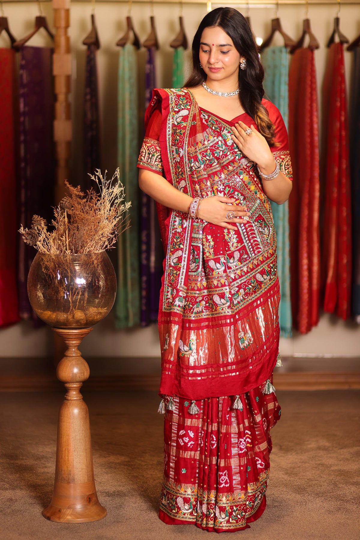 Maroon Gaji Silk Traditional Gharchola Saree with Embroidery and Peacock and Elephant Motif - maroon silk saree embroidery
