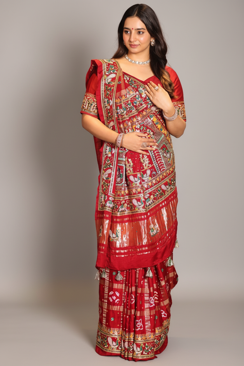 Maroon Gaji Silk Traditional Gharchola Saree with Embroidery and Peacock and Elephant Motif - maroon silk saree embroidery