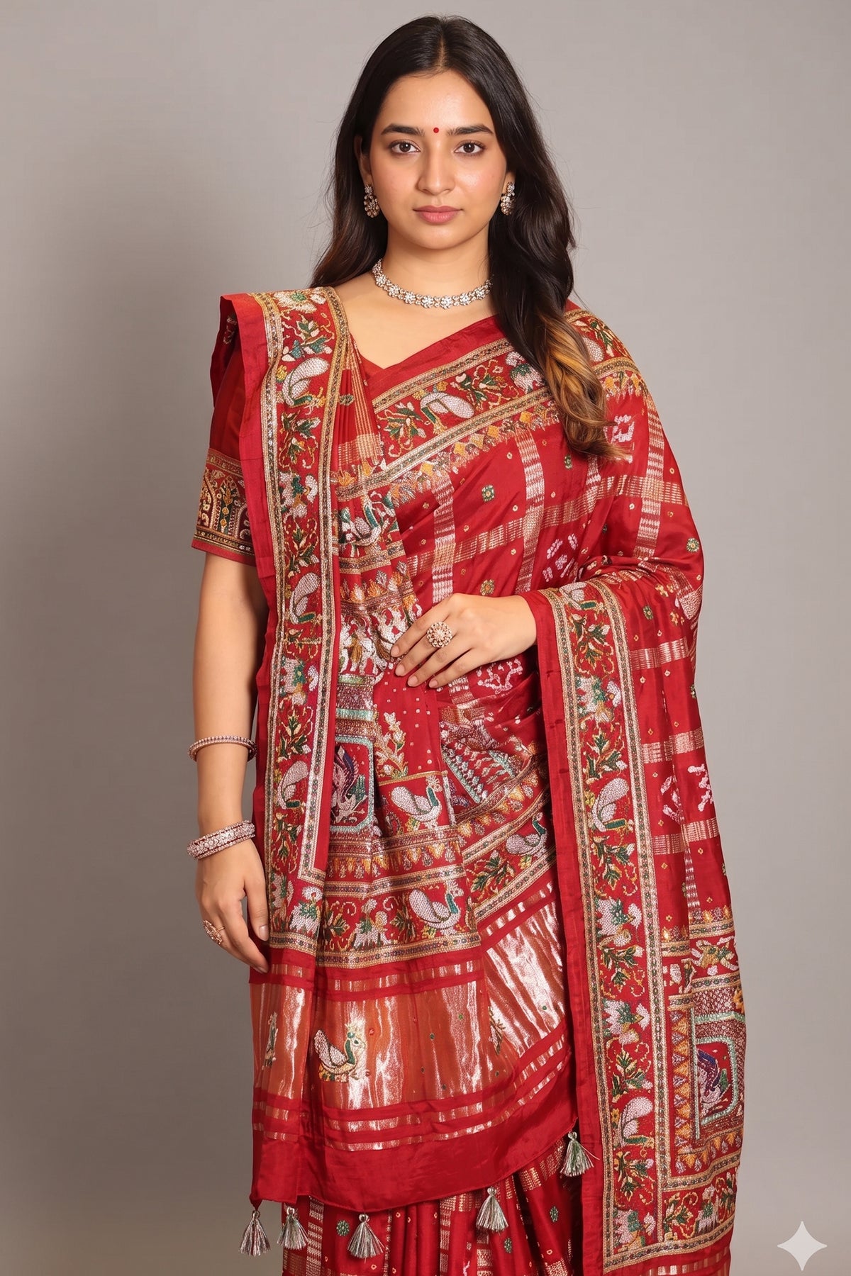Maroon Gaji Silk Traditional Gharchola Saree with Embroidery and Peacock and Elephant Motif - maroon silk saree embroidery