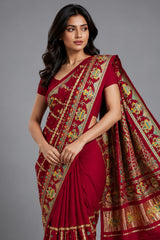 Maroon Gaji Silk Traditional Checks Gharchola Saree with Embroidery - maroon silk saree embroidery