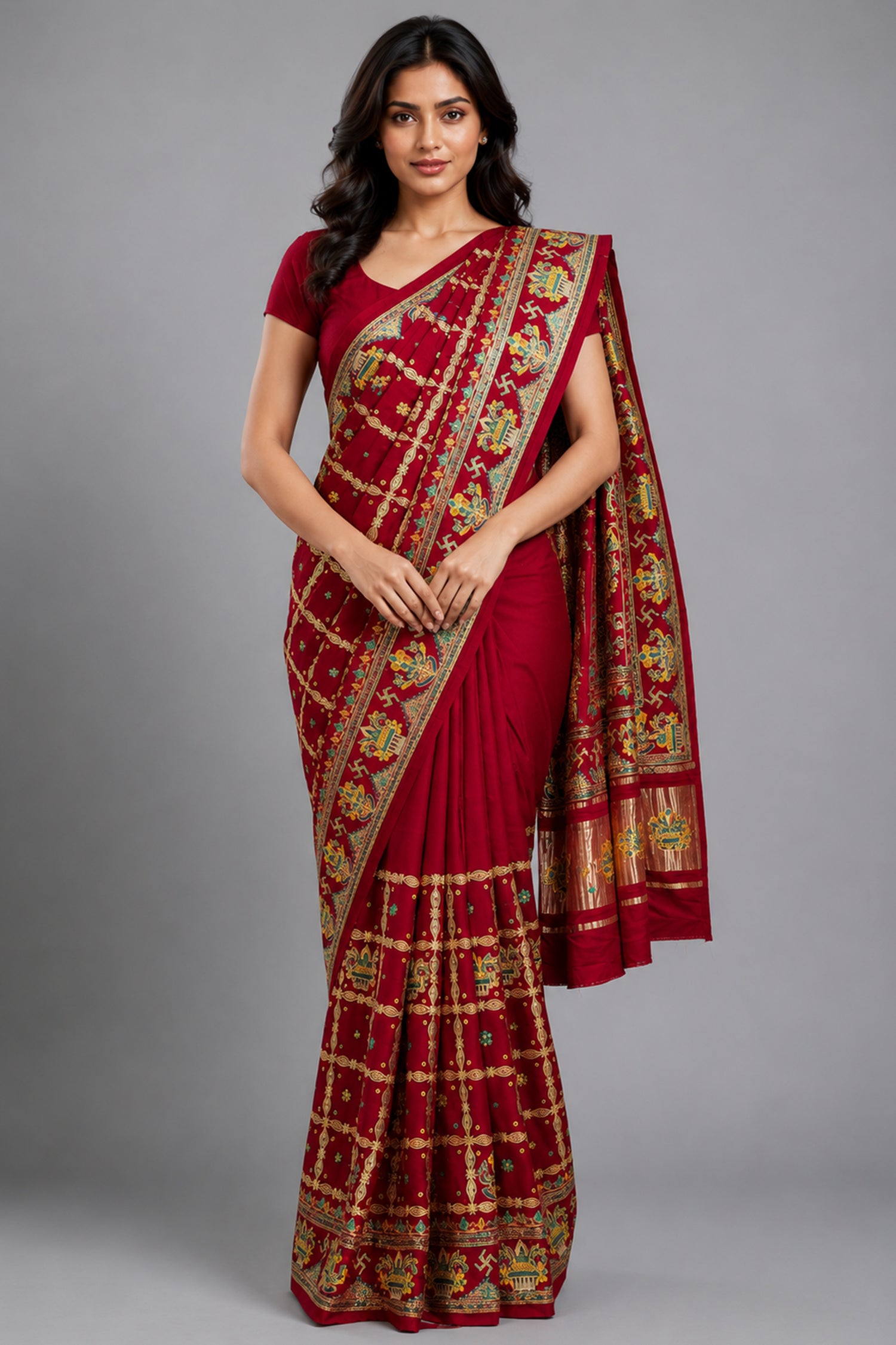 Maroon Gaji Silk Traditional Checks Gharchola Saree with Embroidery - maroon silk saree embroidery Main image