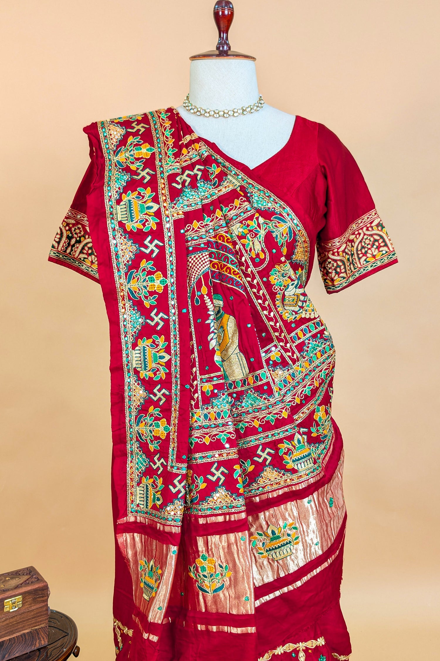 Maroon Gaji Silk Traditional Checks Gharchola Saree with Embroidery - maroon silk saree embroidery