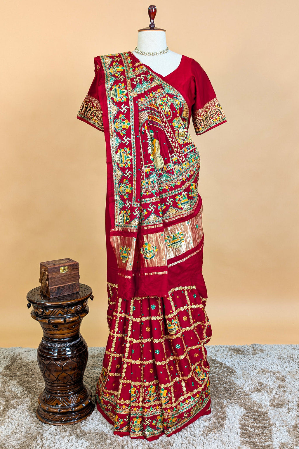 Maroon Gaji Silk Traditional Checks Gharchola Saree with Embroidery - maroon silk saree embroidery