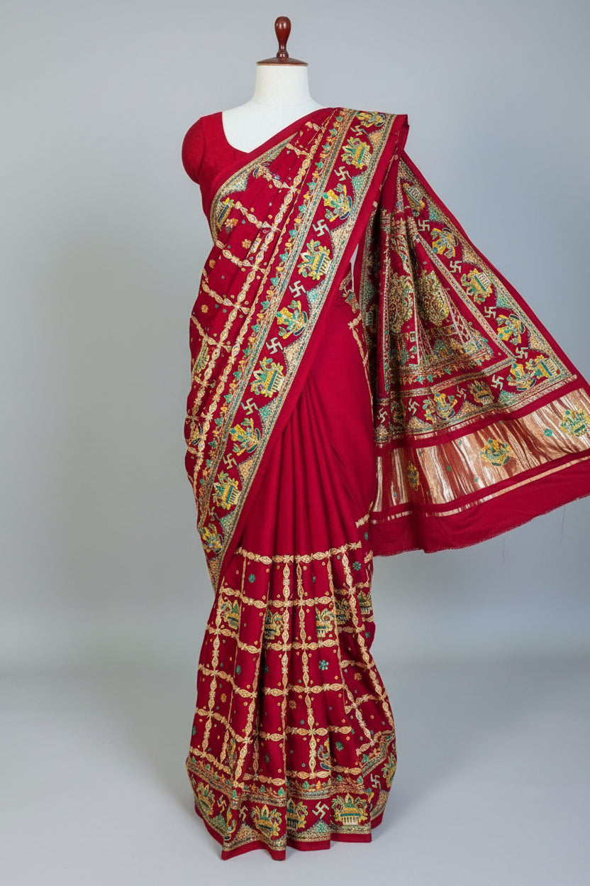 Maroon Gaji Silk Traditional Checks Gharchola Saree with Embroidery - maroon silk saree embroidery