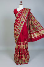 Maroon Gaji Silk Traditional Checks Gharchola Saree with Embroidery - maroon silk saree embroidery