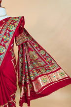 Maroon Gaji Silk Traditional Checks Gharchola Saree with Embroidery - maroon silk saree embroidery
