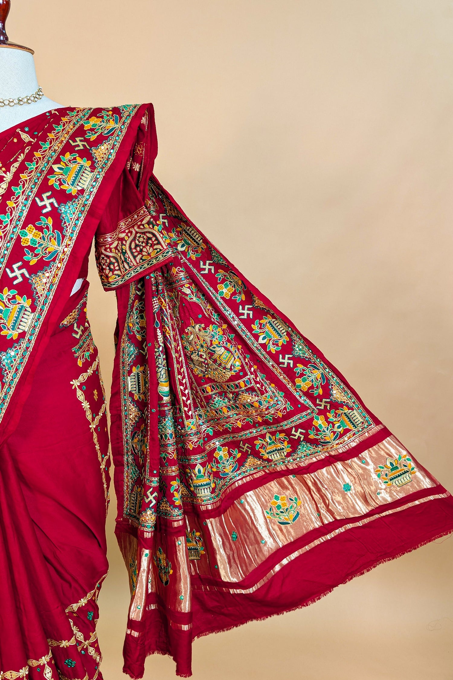 Maroon Gaji Silk Traditional Checks Gharchola Saree with Embroidery - maroon silk saree embroidery