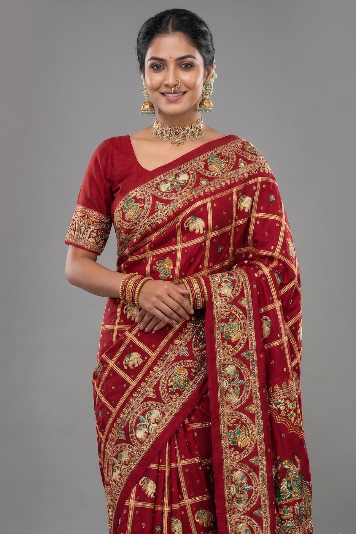 Maroon Gaji Silk Traditional Checks Gharchola Saree - maroon silk saree