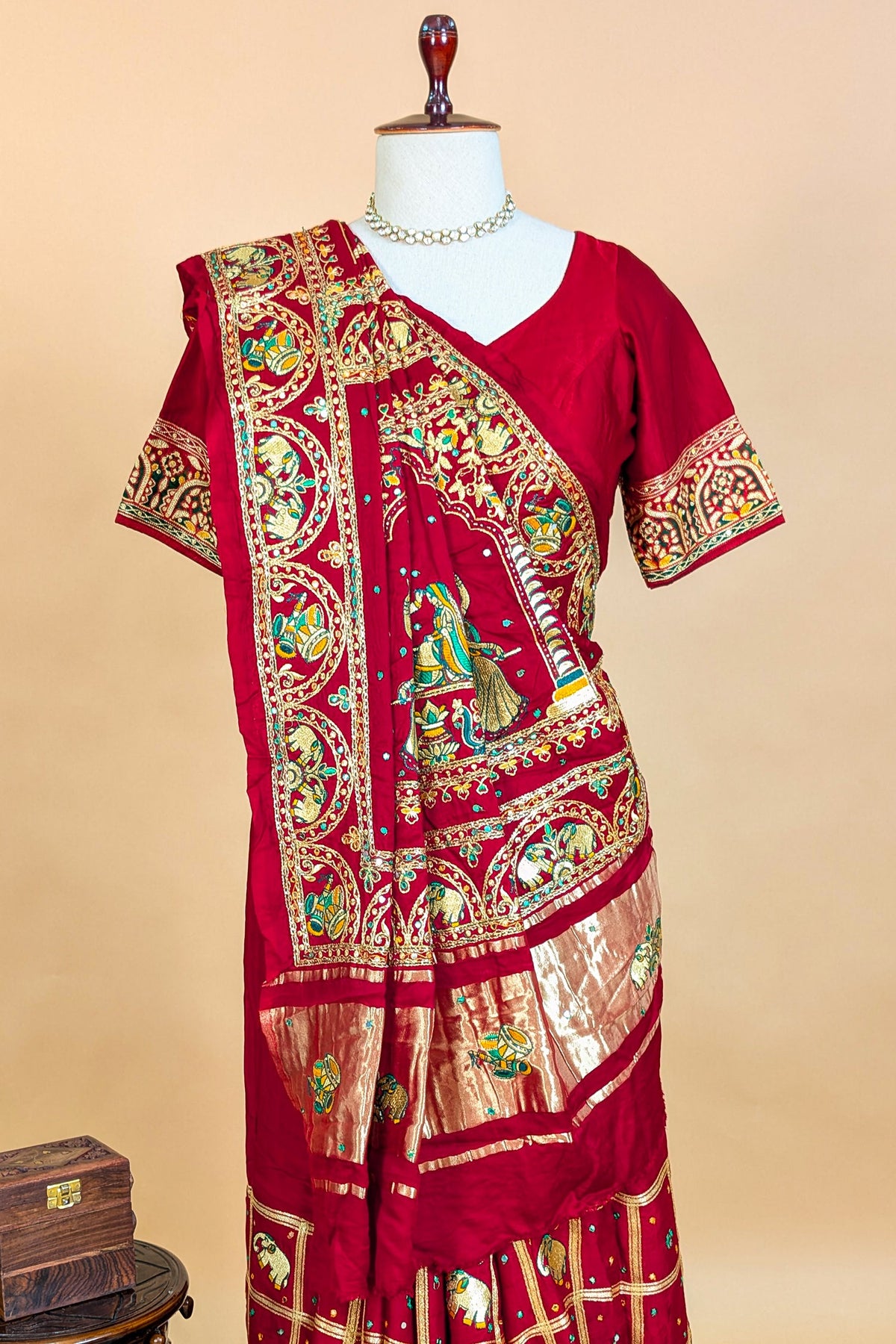 Maroon Gaji Silk Traditional Checks Gharchola Saree - maroon silk saree