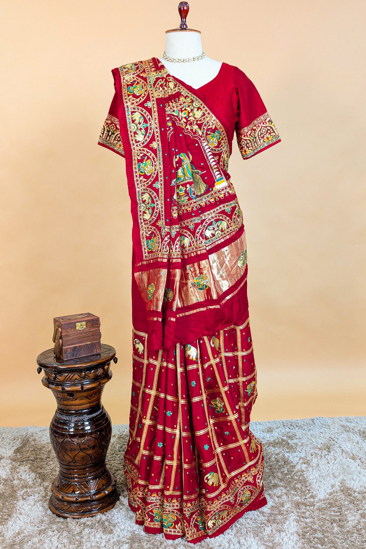 Maroon Gaji Silk Traditional Checks Gharchola Saree - maroon silk saree