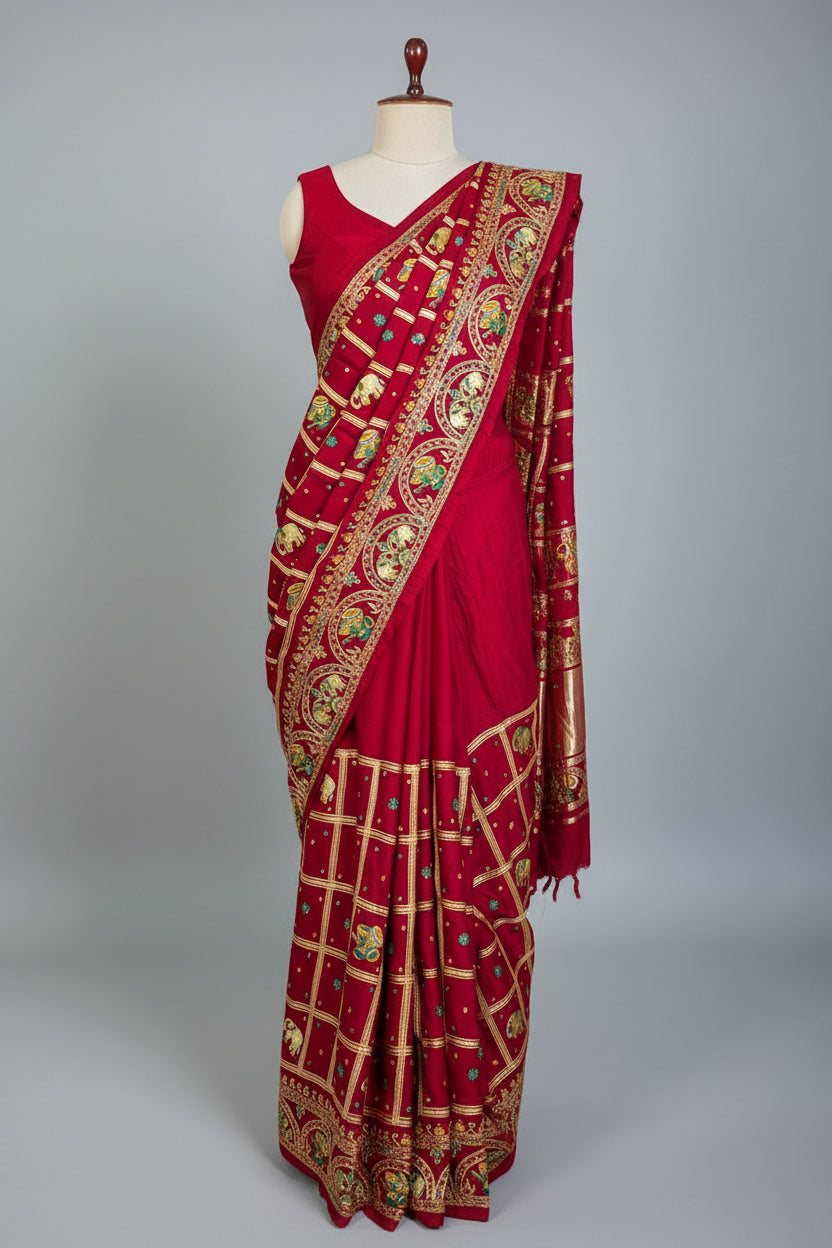 Maroon Gaji Silk Traditional Checks Gharchola Saree - maroon silk saree